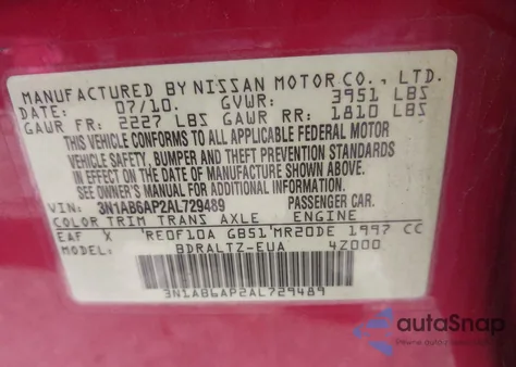2010 Nissan Sentra 2.0/2.0S/Sr/2.0Sl from USA, damaged, VIN 3N1AB6AP2AL729489